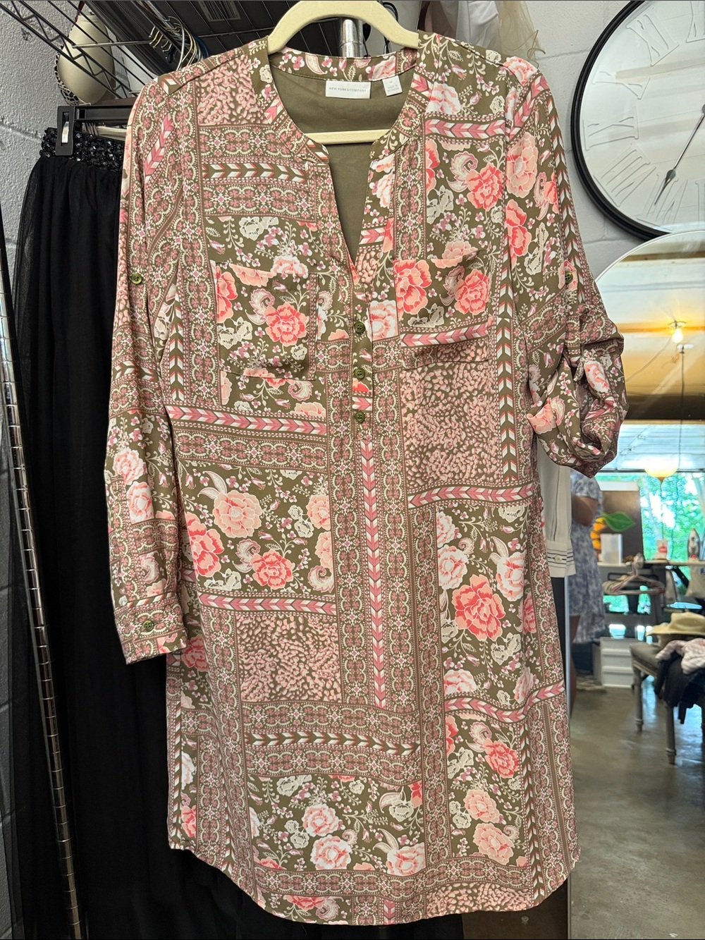 Olive Floral Patchwork Tunic Dress with Pink Roses